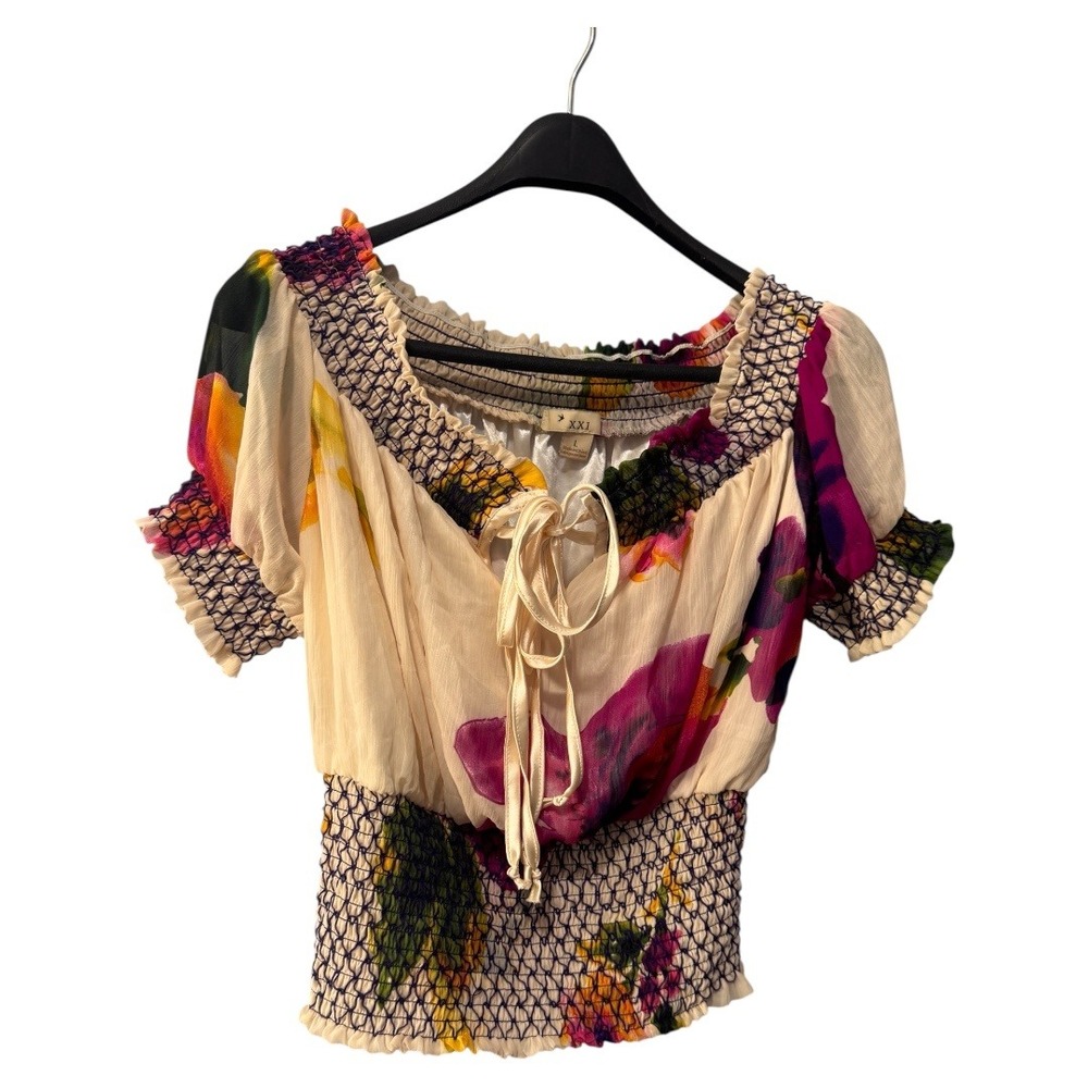 XXI Floral Smocked Crop Top Tie Front Blouse Summer‎ Bohemian Festival - L